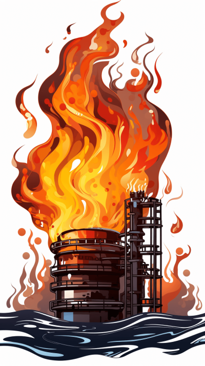 vector illustration of oil storage tanks on fire, white background,