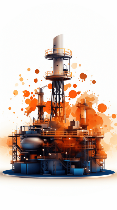 3d vector illustration of an oil production plant, orange and white color palette, white background, orange splashes around the structure, digital art style