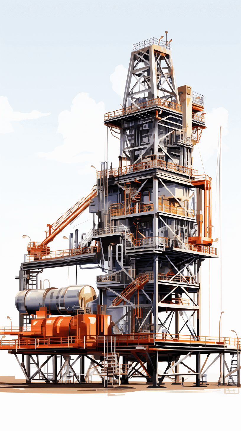 highly detailed, photorealistic oil rush in Alaska in the style of metal gear solid game with an industrial steel tower platform and open-air paths forward. Design, concept art, 2D vector illustration, isometric perspective, white background, bright colors, orange accents.