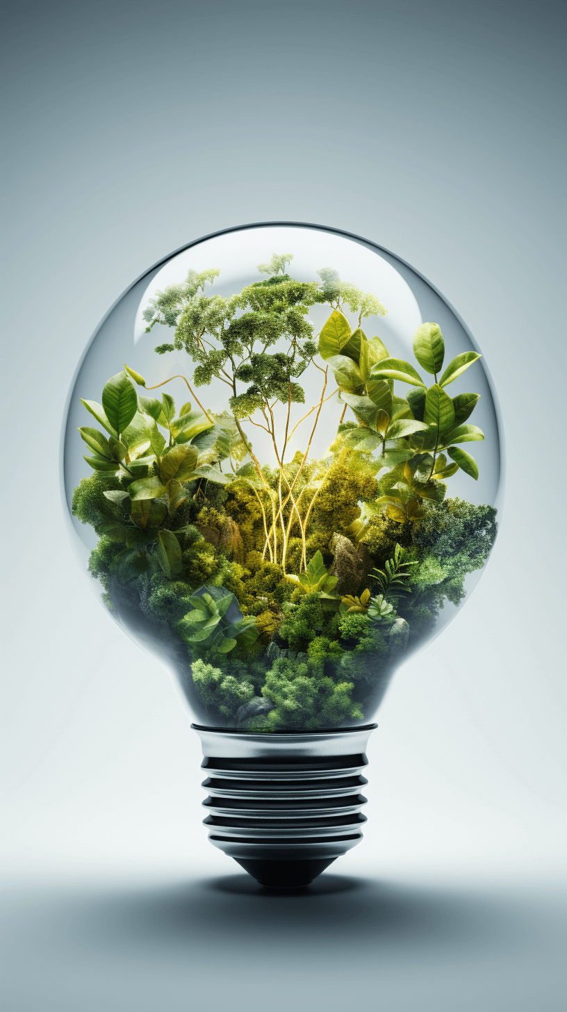 Green environment inside the light bulb, light background, green plants and trees growing in it, high resolution, high quality, high detail photo, HDR photo, ultra realistic photography in the style of a stock photo.