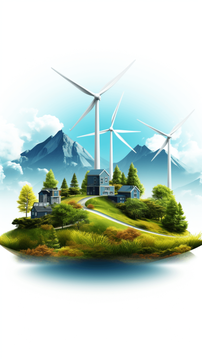 Realistic wind power, green grass and trees on the island, houses with white walls in front of them, blue sky background, there is an illustration style mountain behind it, there were three large blades of wind turbines turning, clean energy concept, vector design, bright colors, white background, high resolution, high detail, high quality, high definition, high sharpness, high contrast, high clarity, high color saturation.