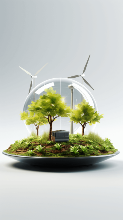 A wind power plant inside a glass sphere on a plate, green trees around it, white background, in the style of high resolution photography.