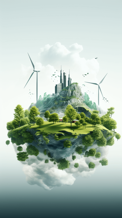 Surrealistic illustration of an island with wind turbines and green trees, floating in the air, on white background, with light gray sky and clouds, cityscape on top of mountain in distance, green grassy field at bottom of scene, reflections of buildings on water surface around landscape, bright natural lighting, high resolution