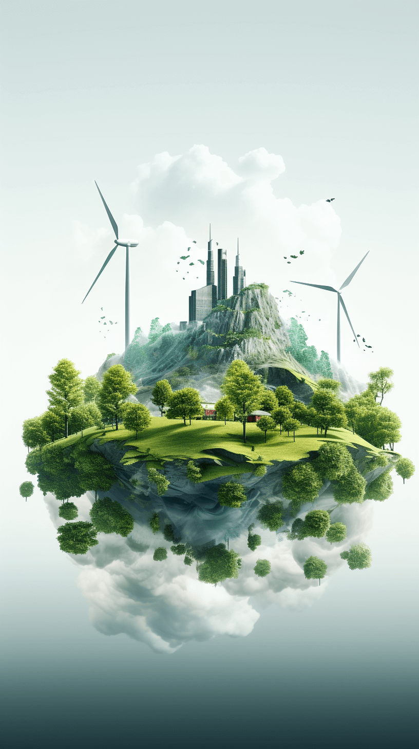 Surrealistic illustration of an island with wind turbines and green trees, floating in the air, on white background, with light gray sky and clouds, cityscape on top of mountain in distance, green grassy field at bottom of scene, reflections of buildings on water surface around landscape, bright natural lighting, high resolution