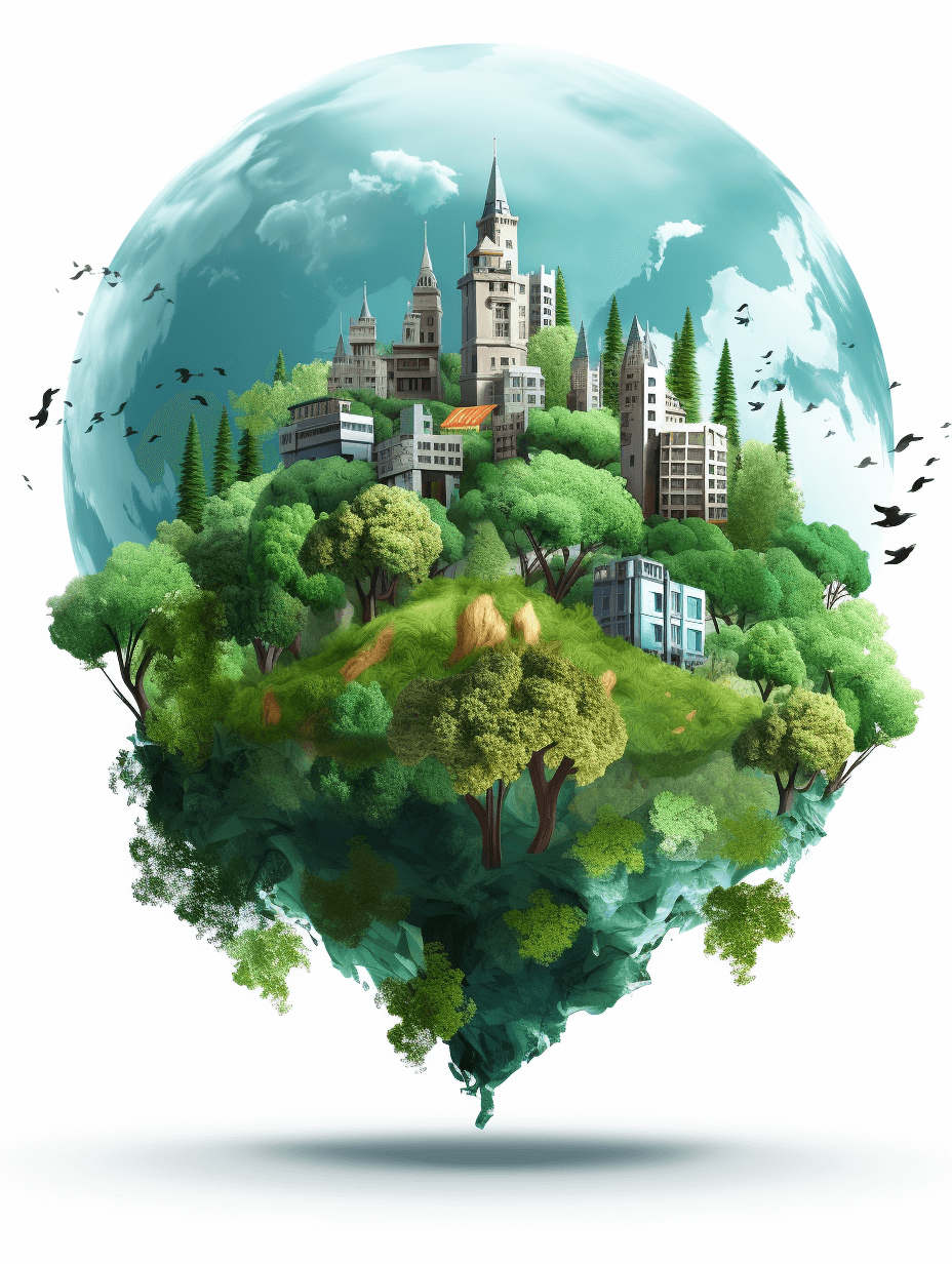 Surrealistic illustration of an earth with green trees and buildings inside, white background, clip art style, 2D graphics, high resolution, highly detailed, vector, hyper realistic, isometric, octane render, 3d rendering, cartoon style, flat design, no shadow on the edges, clear lines, green color palette, transparent glass sphere in front of it