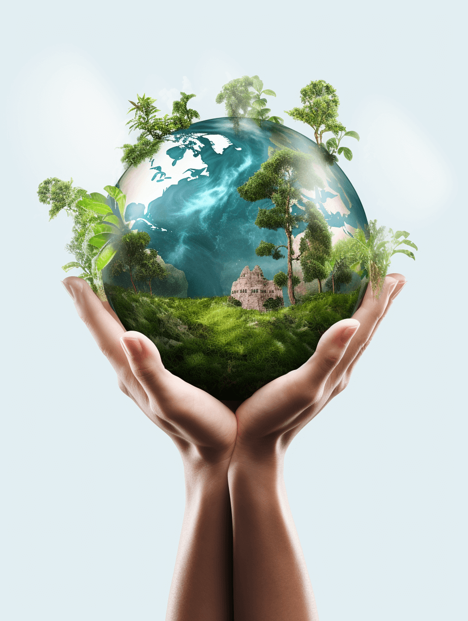 Abstract concept of hands holding planet Earth with greenery and trees, representing environmental protection and sustainability isolated on white background banner design for eco friendly world environment day poster or card template design with copy space for text stock photo , abstract photography style