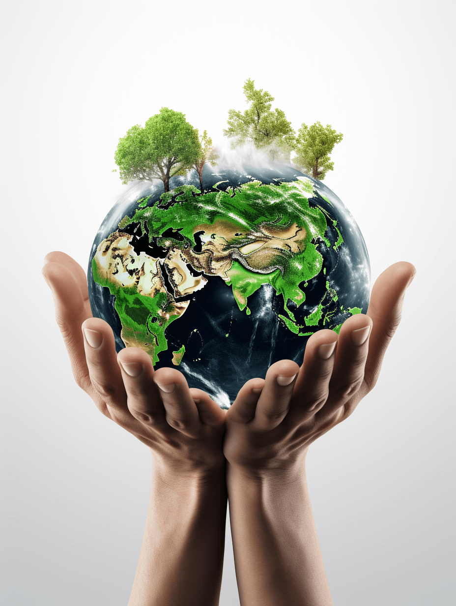 Holding the earth in both hands, with trees growing on it and global environmental protection symbols on white background. The globe is made of green material and features human palms holding up an Earth model. High resolution photography, high detail, hyper quality, realistic photo, professional photoshooting , bright colors