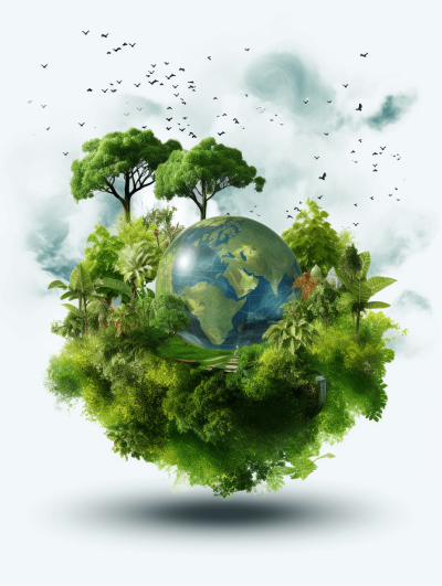 A green planet with trees and vegetation floating in the air, vector illustration, white background, advertising poster style, global environmental protection theme design concept, creative elements, green energy symbols, harmonious colors, detailed depiction of the earth globe. High resolution photography, depth of field, wide angle lens, high definition imagery in the style of a professional photographer.