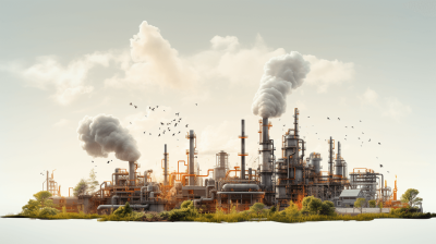 A photorealistic illustration of an industrial plant with smoke and air pollution, set against the backdrop of nature and wildlife. The scene is captured in a high-resolution, highly detailed style in the style of environmental decay and global warming, emphasizing environmental decay and global warming.