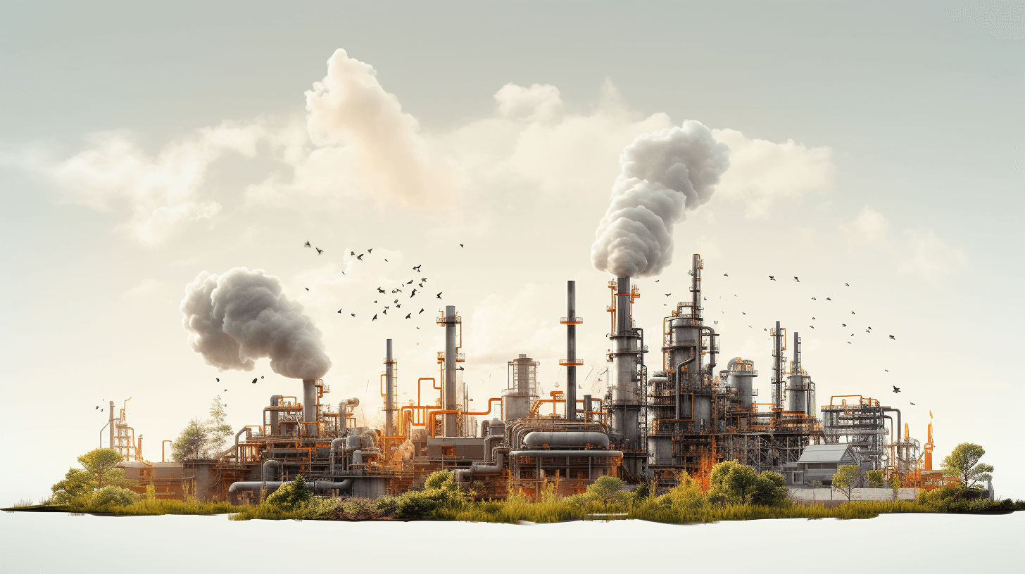 A photorealistic illustration of an industrial plant with smoke and air pollution, set against the backdrop of nature and wildlife. The scene is captured in a high-resolution, highly detailed style in the style of environmental decay and global warming, emphasizing environmental decay and global warming.