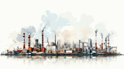 A white background with an industrial plant featuring smokestacks and machinery, illustrated in the style of watercolor. The buildings should be detailed to reflect the use of various metal materials such as steel and copper. In front of them is a river or lake reflecting their silhouettes. This scene captures elements associated with modern industry and its environmental impact. It would make for a visually appealing illustration on a wide variety of themes related to heavy industry, from icons to full images.