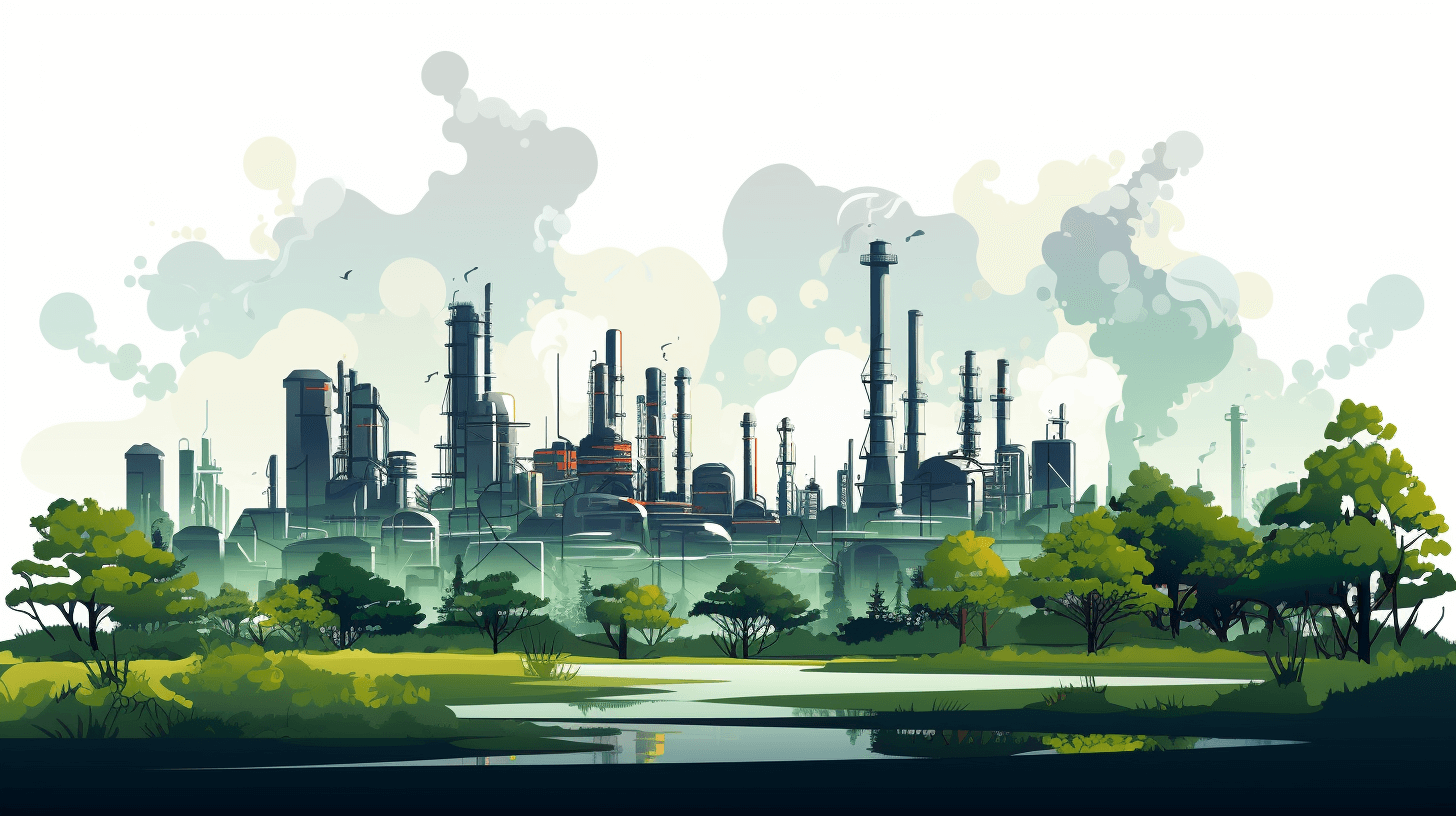 A vector illustration of an industrial park with oil wrestling plant, smoke stacks and trees in the background. The scene is set against a white sky, with green vegetation at its base. In front of it lies a lake or river.