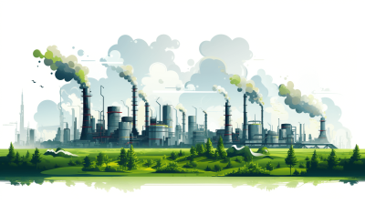 Surreal vector illustration of industrial plants emitting smoke and air pollution, with green trees in the background. The scene is set against a white sky, creating an eyecatching contrast between urban atmosphere and natural landscape. Cartoon style, vector graphics, flat design, high resolution, white isolated background, professional quality