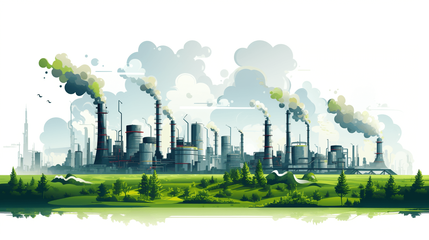 Surreal vector illustration of industrial plants emitting smoke and air pollution, with green trees in the background. The scene is set against a white sky, creating an eyecatching contrast between urban atmosphere and natural landscape. Cartoon style, vector graphics, flat design, high resolution, white isolated background, professional quality