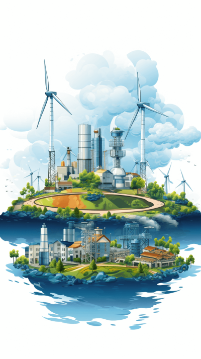 illustration of an island with wind turbines and power plants on it, surrounded by clouds and buildings on the other side of the river. white background.