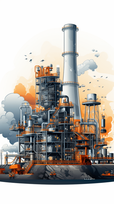 An industrial plant with smokestacks and pipes is illustrated in a cartoon style against a white background. Shades of gray for steel structures, orange accents on equipment details, and blue skies make up the color scheme. The bustling activity within the factory setting is emphasized in this design. Created as a vector illustration in the style of digital art software using vector graphics to create intricate detailing and textures.