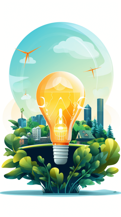 A light bulb surrounded greenery with an urban landscape in the background, vector illustration for energy sharing and clean technology concept, in the style of Vector Illustration on white Background