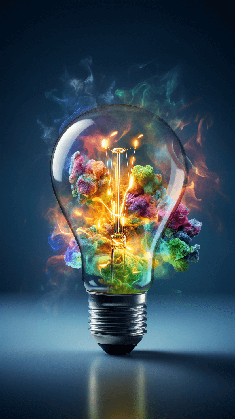 An electric bulb with colorful smoke coming out of it, creating an atmosphere full of ideas and creativity. The lightbulb is filled with vibrant colors representing innovation and inspiration. This concept symbolizes the power to create new juxtapositions between digital elements and real objects.