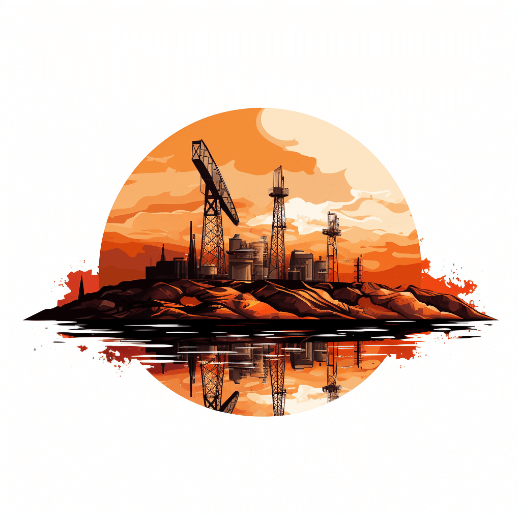 logo of industrial landscape with cranes and oil bedside on white background, orange colors, vector style, simple design, circle shape, high resolution, professional photography, very sharp focus, hyperdetailed