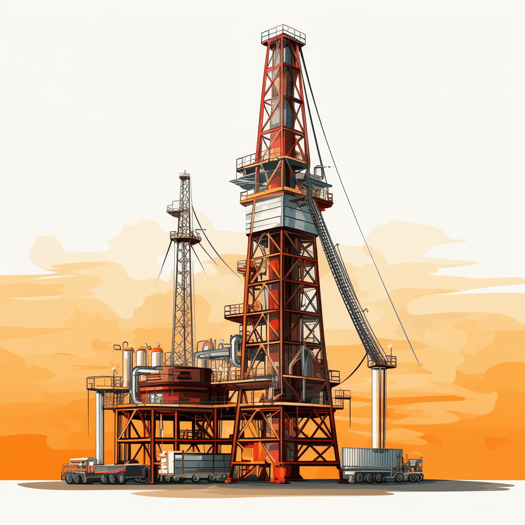 A realistic oil painting of an offshore oil rig tower in the style of cartoon style. The illustration uses simple lines on a white background without shadows or gradients in a flat design. Warm orange tones create an industrial theme in the vector art. The oil rig features a steel structure, wellhead platform and pump levers. Working vehicles and equipment are depicted on the ground with white space at the top of the picture.