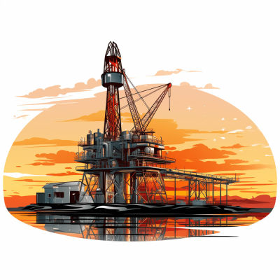 A stylized oil rig at sunrise, with reflections on the water and sky in shades of orange and yellow. Vector illustration isolated white background