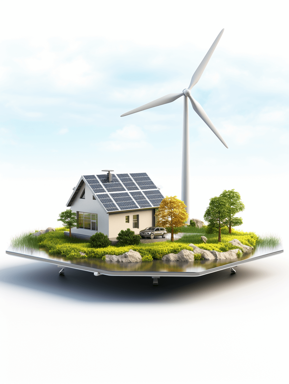 A wind turbine, solar panel and house on an open book with grass around it, photorealistic, white background, 3D rendering, high resolution, high quality, high detail,