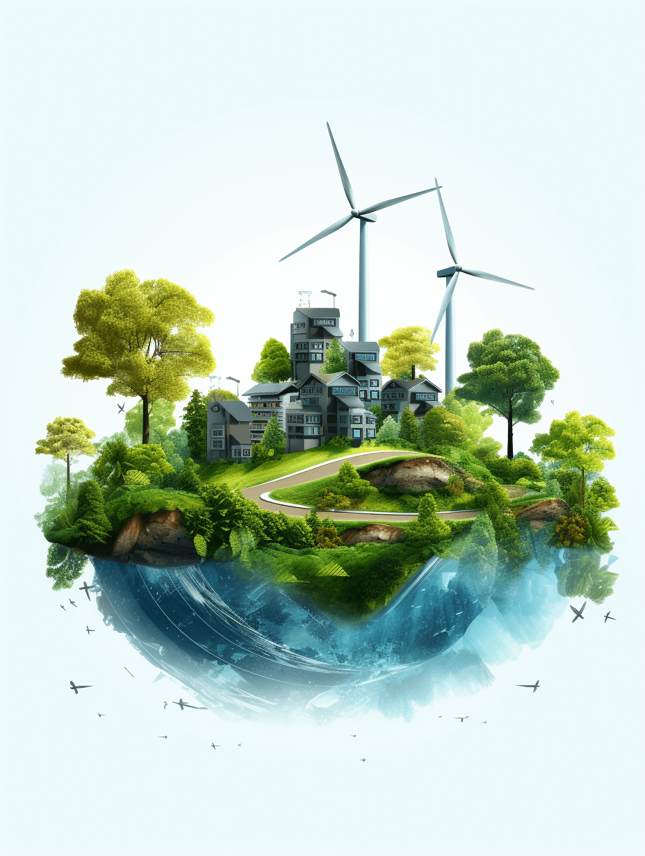 3D illustration of an island with wind turbines and green energy, houses on the earth planet, white background, green environment, trees, realistic vector art style, simple design, very detailed illustrations, blue tones, natural lighting, cool color palette, light gray background, in the style of png format