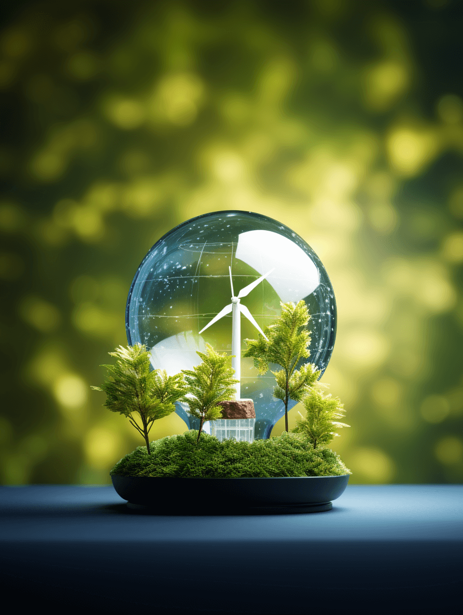 3D glass globe with wind turbines and green trees inside, on a black plate, with moss growing around the bottom of it, on a blue table top, with a blurred light background, with natural lighting, in the style of macro photography, in a simple minimalistic style, stock photo