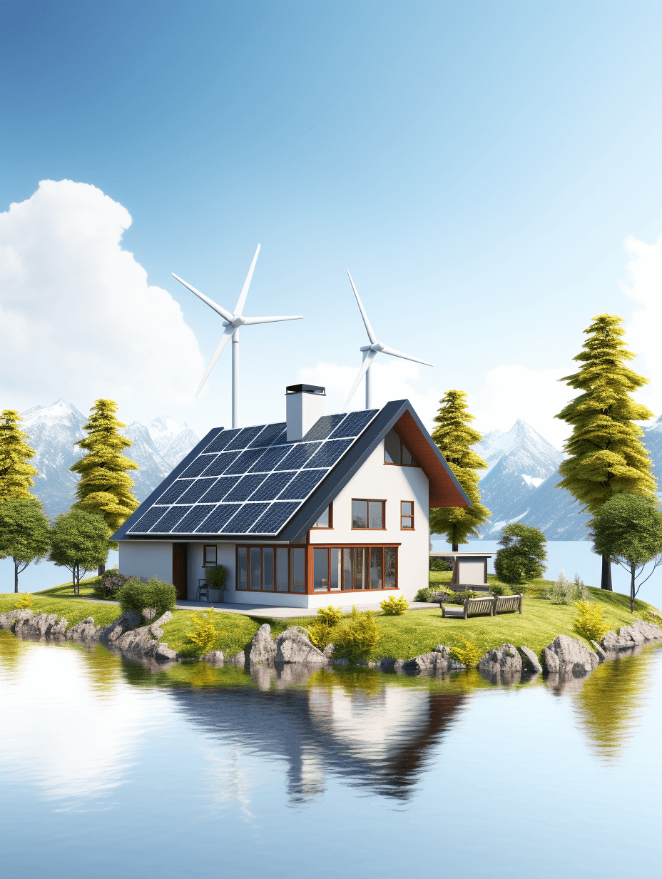 A house with solar panels on the roof, surrounded by trees and mountains in the background. Wind turbines or small plants near it. A lake nearby reflecting light from the blue sky. In the style of photorealism. High resolution. White color theme. Clean design. The scene is set outdoors under clear skies. It has an eco-friendly vibe. There is no human presence around but you can see some furniture inside the home. In a 3D rendering.