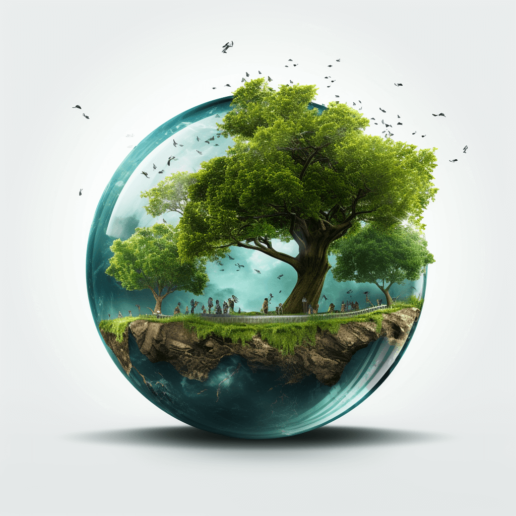 A glass sphere with trees growing on it, people walking around the trees, white background, green grass and sky inside, in the style of an illustrator, simple design, vector graphics, 3D rendering, high resolution, high detail, high quality, high definition, high contrast, high sharpness, hyper realistic, hyper detailed, hyper realistic, hyper realistic, hyper realism, hyperrealistic, hyper details, hyperrealism, hyperrealistic, hyper lighting, hyper sharp focus, hyper photorealistic