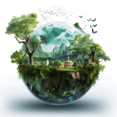 A globe with green trees and nature on it, with an Indian temple in the center of that planet. The background is white. There is also some water around the Earth. Image for poster, hyper realistic, 3D render, in the style of illustration.