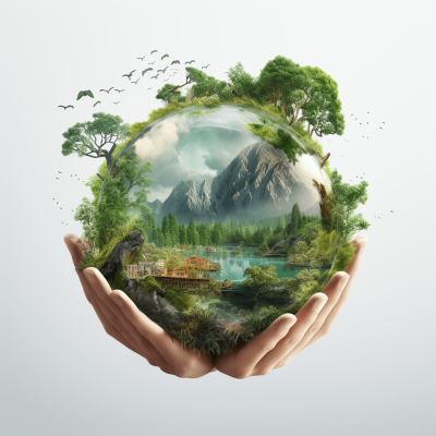 3D realistic style, two hands holding the planet Earth with beautiful greenery and forests inside. Mountains in the background, a river flowing through the forest. Birds flying around the planet Earth against a white background. High resolution, high quality, high detail, in the style of hyperrealistic and hyperdetailed cinematic photography with bright natural light.