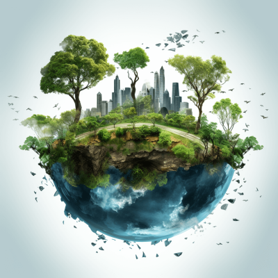 A realistic Earth with trees and buildings, surrounded by flying birds, with an isolated white background. The planet is half covered in greenery, while the other side features urban landscapes like skyscrapers or streets. There's also some land on which there’s grass and trees, creating contrast between natural elements and city life. This concept symbolizes environmental protection and sustainable development in modern society.