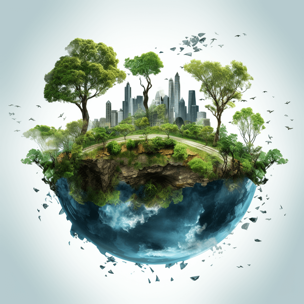 A realistic Earth with trees and buildings, surrounded by flying birds, with an isolated white background. The planet is half covered in greenery, while the other side features urban landscapes like skyscrapers or streets. There’s also some land on which there’s grass and trees, creating contrast between natural elements and city life. This concept symbolizes environmental protection and sustainable development in modern society.