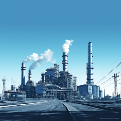 industrial plant with smokestacks, sky blue background, photo realistic, high resolution