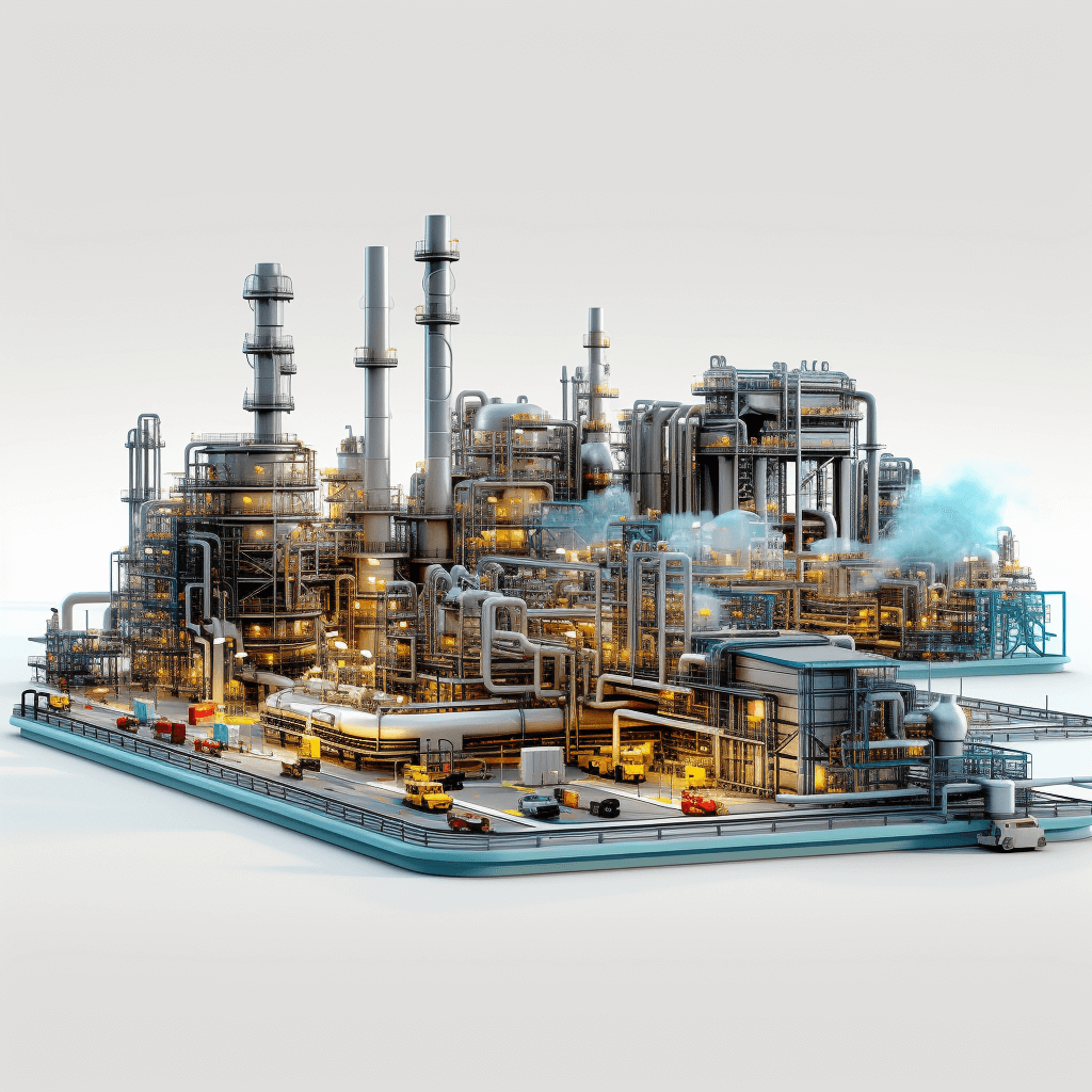 A detailed, high-resolution rendering of an industrial petrochemical plant with a steam and gas bottling facility. The scene is set against a white background, emphasizing the complex machinery and pipes in vibrant colors. There is a car parked near one of its components, adding realism. This composition highlights intricate details such as light reflections on metal surfaces, creating depth and dimensionality within the industrial setting.