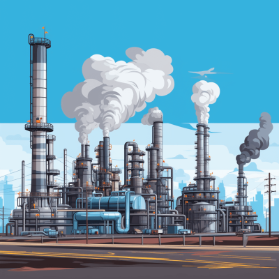 vector illustration of an industrial oil refinery with smoke billowing from the chimneys, in the style of a cartoon with thick lines and solid colors and low detail, vivid color