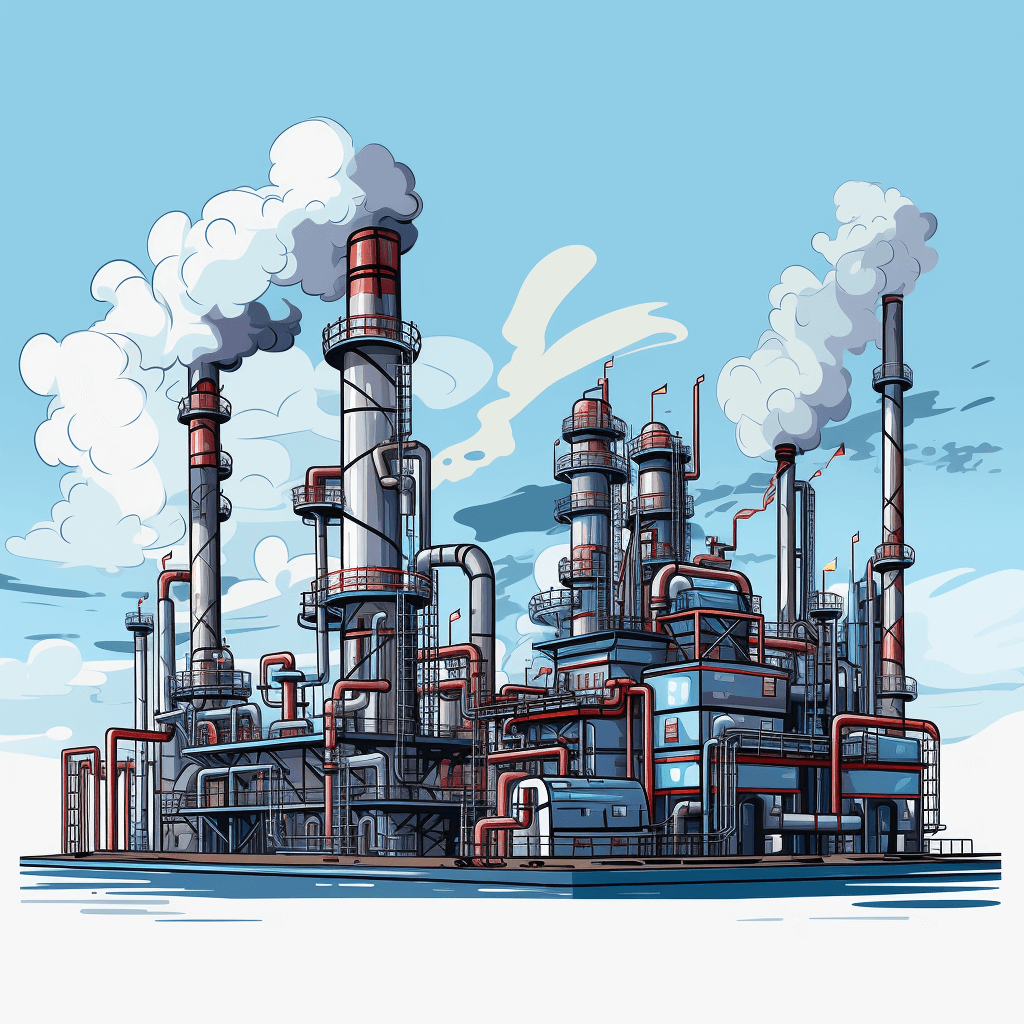 Cartoon style, vector illustration of an industrial oil plant with smokestacks and pipes, set against the backdrop of blue sky and white clouds. The scene is designed to convey energy production in high detail. Vector graphics with clean lines for a contemporary look. Tshirt design graphic, vector art, contour, isolated on a solid background. The illustration is in the style of a contemporary vector artist.