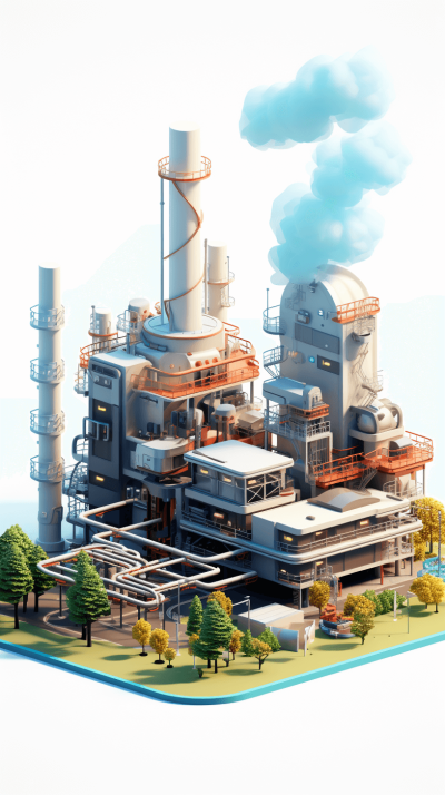 A cartoon style factory with white clouds, 3D rendering, isometric design, C4d, blender, OC renderer, high resolution, high details, high quality, and high definition image of the entire scene. The overall color scheme focuses on light blue and gray tones. There should be no other elements in front of it except for trees. It has two large pipes that relief smoke from its roof to the sky. In one corner there's an industrial engine. On top, there was a platform where people could walk around. .