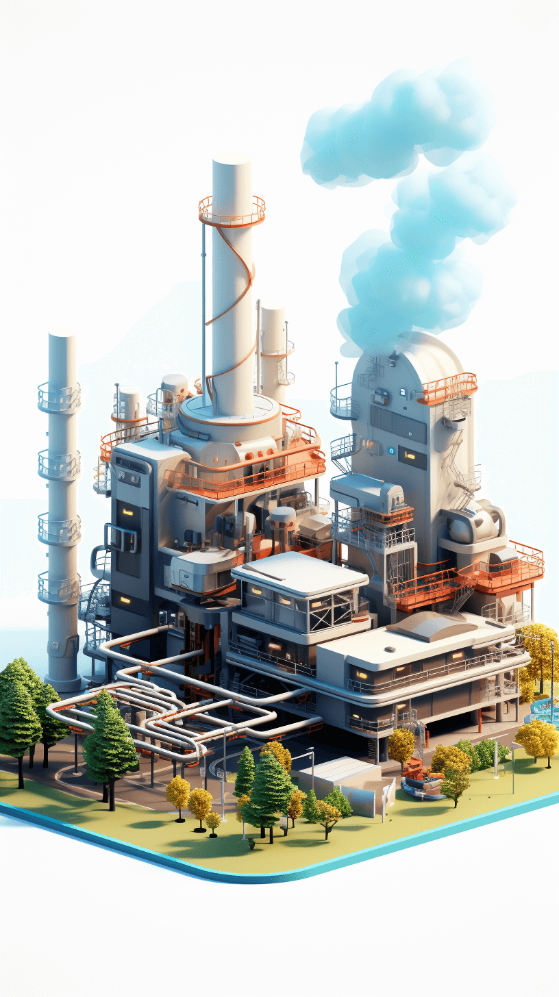 A cartoon style factory with white clouds, 3D rendering, isometric design, C4d, blender, OC renderer, high resolution, high details, high quality, and high definition image of the entire scene. The overall color scheme focuses on light blue and gray tones. There should be no other elements in front of it except for trees. It has two large pipes that relief smoke from its roof to the sky. In one corner there’s an industrial engine. On top, there was a platform where people could walk around. .