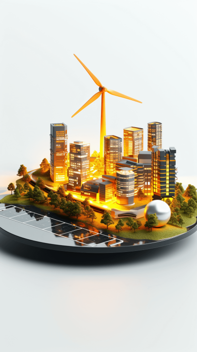 A modern cityscape with buildings and wind turbines made of glowing orange glass, on top is an energy storage ball that glows yellow. The scene includes solar panels on the ground, against a white background. This concept conveys innovation in sustainable technology for urban power management. It's a highquality, detailed rendering.