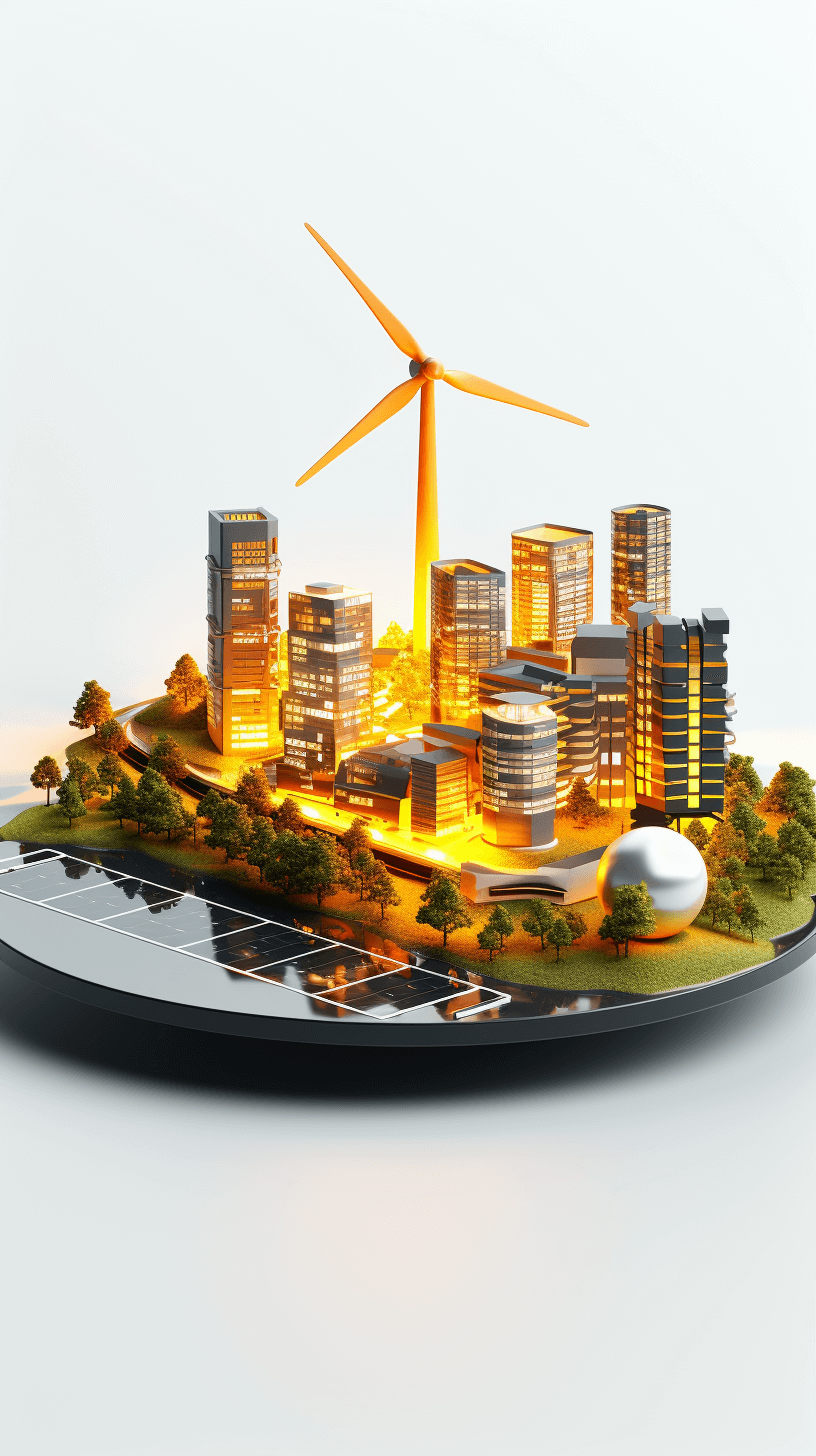 A modern cityscape with buildings and wind turbines made of glowing orange glass, on top is an energy storage ball that glows yellow. The scene includes solar panels on the ground, against a white background. This concept conveys innovation in sustainable technology for urban power management. It’s a highquality, detailed rendering.