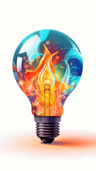 A light bulb with flames inside, vector illustration, colorful design, white background, in the style of high resolution, high quality, high detail, high definition, digital art, adobe illustrator, flat design, 2d graphics, vector graphic.