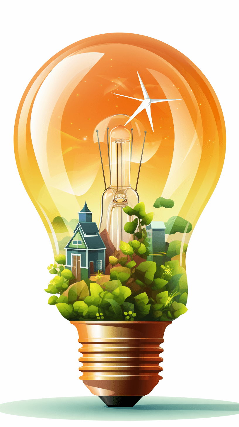 A light bulb with an eco-friendly village inside, vector illustration, on a white background, in the style of cute cartoon art, with a bright and warm color palette, isometric view, high resolution, without shading detail or gradients.