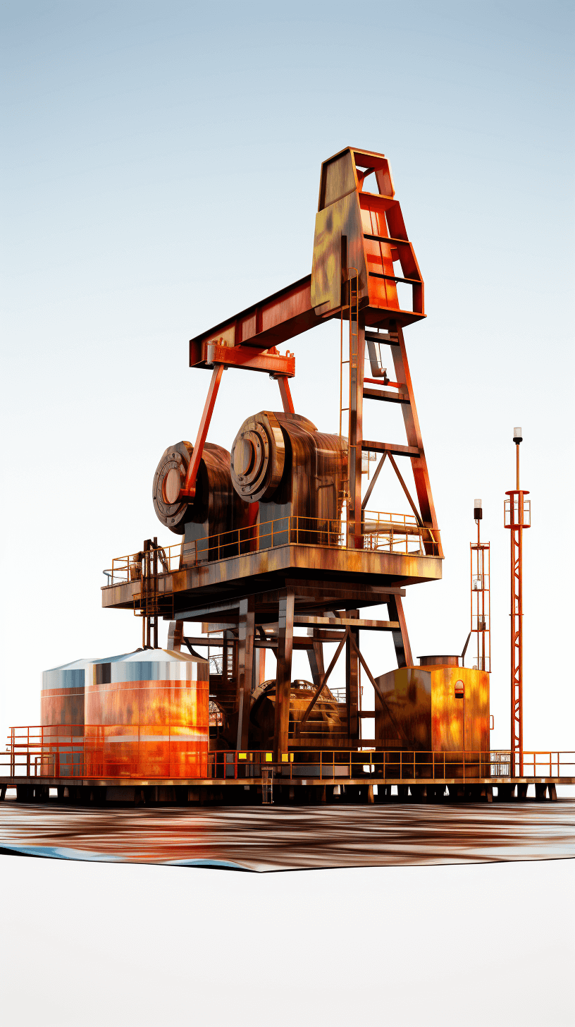 3D oil pump, low poly style, white background, industrial scene with no shadows or text in the picture. An oil dock with cargo containers and an open crane platform, rusted metal texture, oil tank and derricks. An orange gradient sky, simple and clean render in the style of no people or animals.