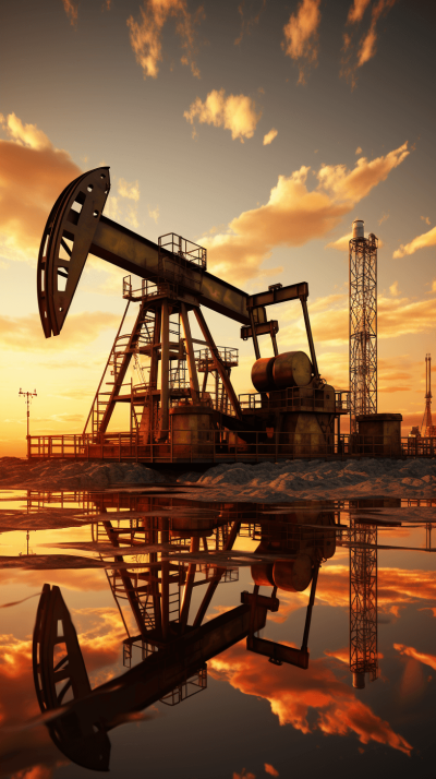 Oil well, oil field, mirror reflection, golden sky, beautiful sunset, 3D rendering, high resolution photography, high detail, hyper quality, HD, high definition