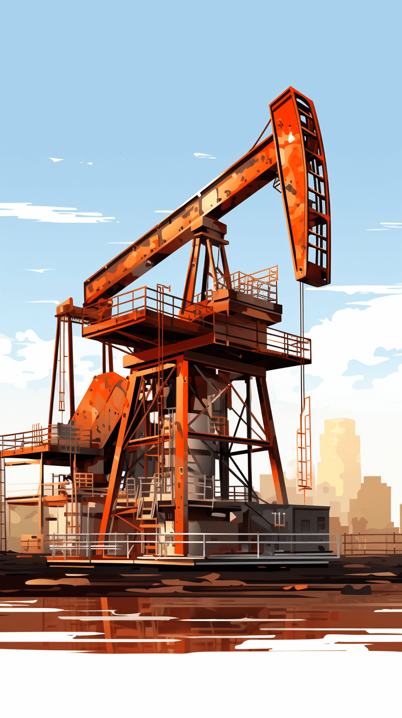 A cartoon oil pump in the city, flat illustration style, vector graphics, orange and brown colors, industrial design, front view, perspective composition, clear details, urban background, high saturation, bright lighting, heavy shadows, cool tones, modern feel. An oil well on a platform, simple structure, steel frame construction, distant buildings, oil tank, a human figure standing next to it in the style of modern industrial design.