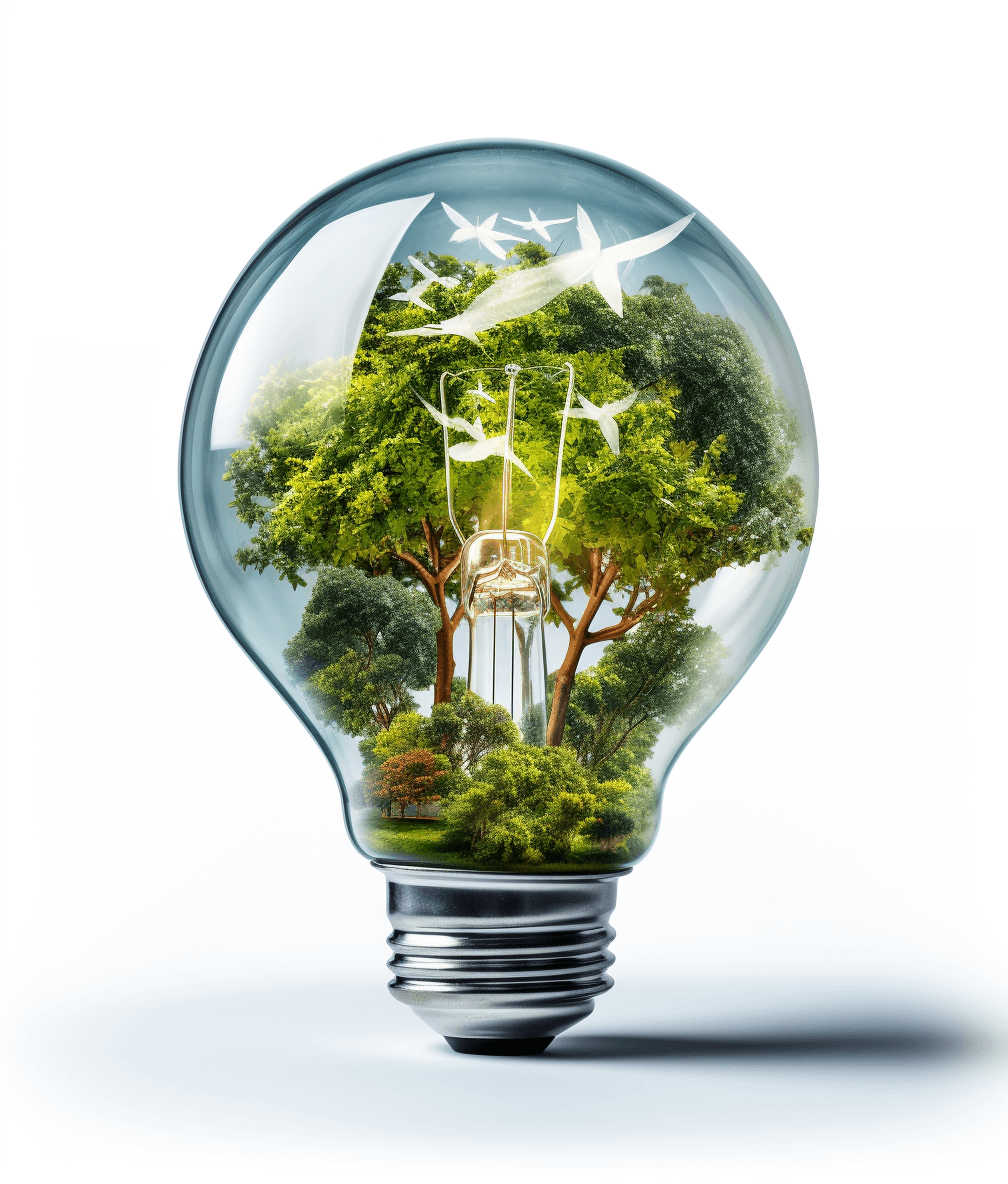 A light bulb with an energy symbol inside, trees and wind turbines in the glass of it, white background, hyper realistic photography