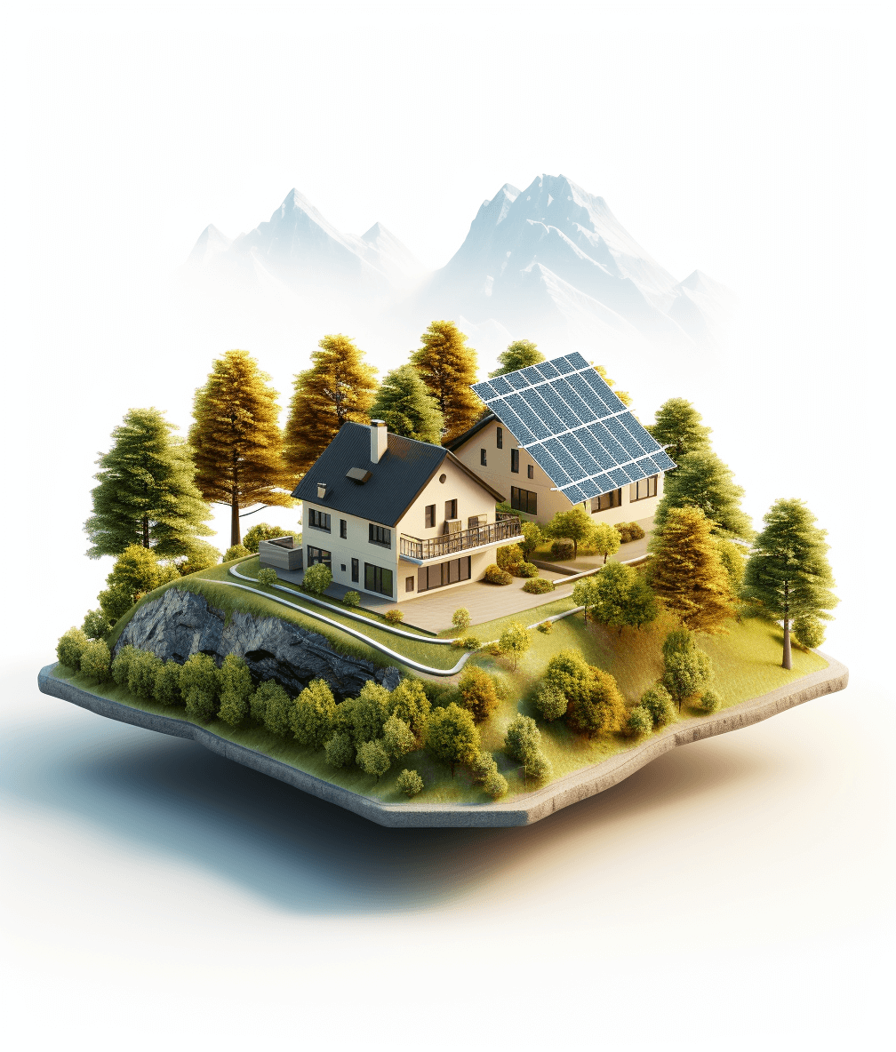 isometric view of modern house with solar panels on the roof in forest, white background, mountains behind the houses, trees around it, 3d rendering style, detailed and intricate, highly realistic, high resolution, high definition