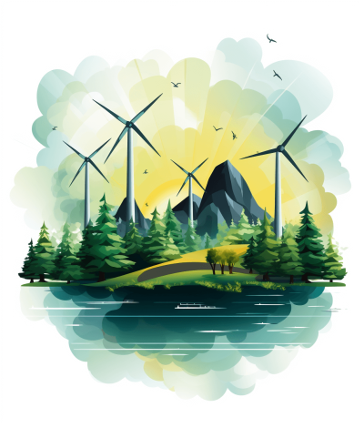 illustration of wind turbines in forest and mountains, green energy concept, flat design style, white background, bright color scheme, vector graphics, white clouds, lake with boat on it, flat illustration, vector graphic logo for web poster, flat vector art, vector graphics, flat colors, simple shapes, flat shading, flat design, vector graphics, flat design, flat vector design, flat color palette, vector graphics, flat design, flat vector art, vector graphics, flat design, flat color palette, vector graphics, flat design, flat color palette, vector graphics, flat design, flat color palette, vector graphics, flat design, flat color